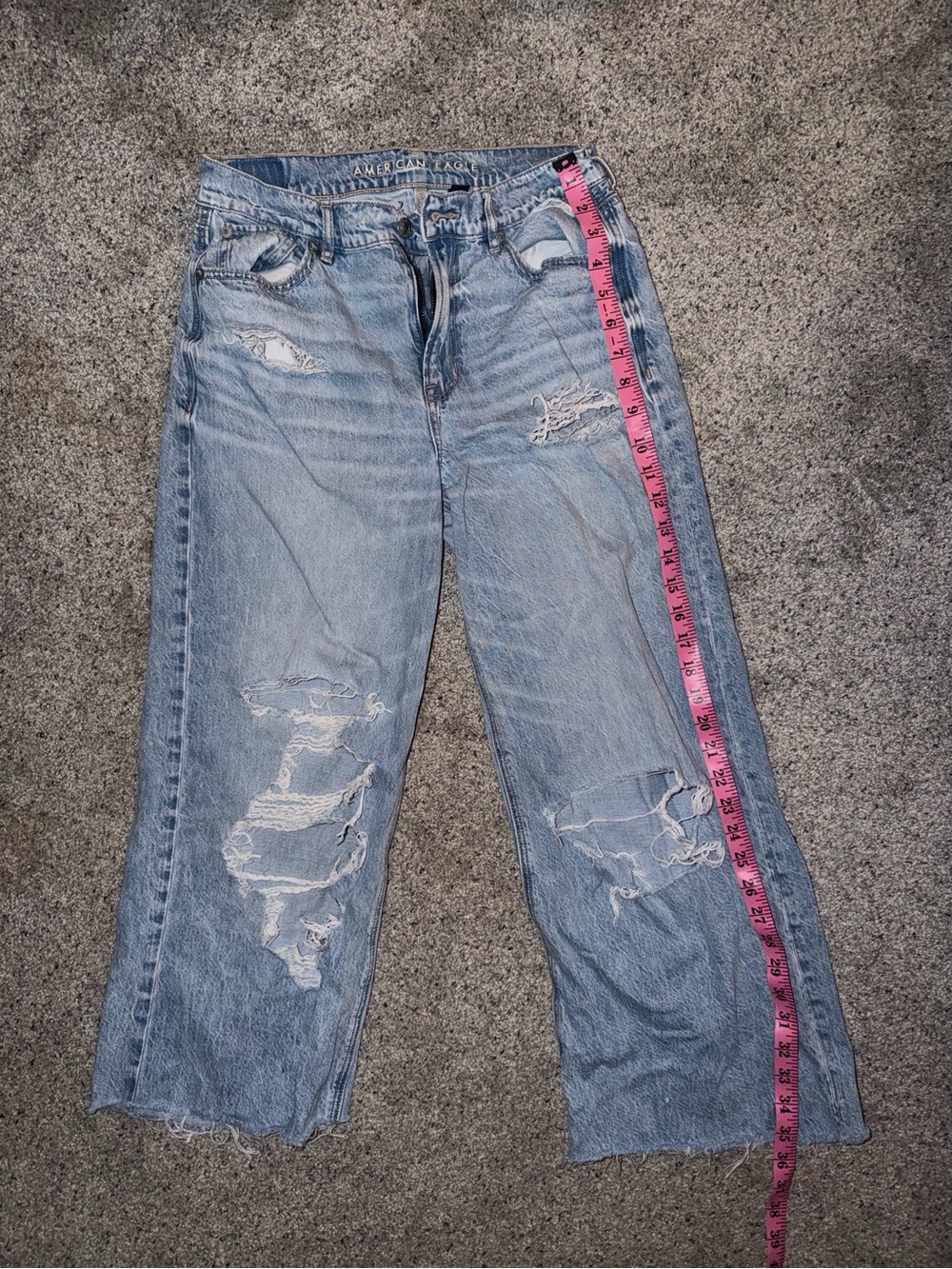 American Eagle Outfitters Light Blue Distressed Wide-Leg Jeans with Raw Hem